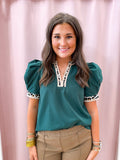 GREEN PUFF SLEEP TOP WITH LEOPARD TRIM