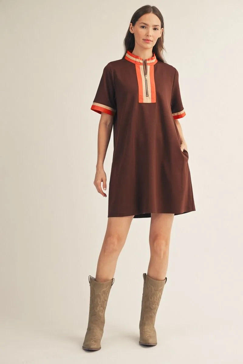 BROWN DRESS WITH ORANGE TRIM