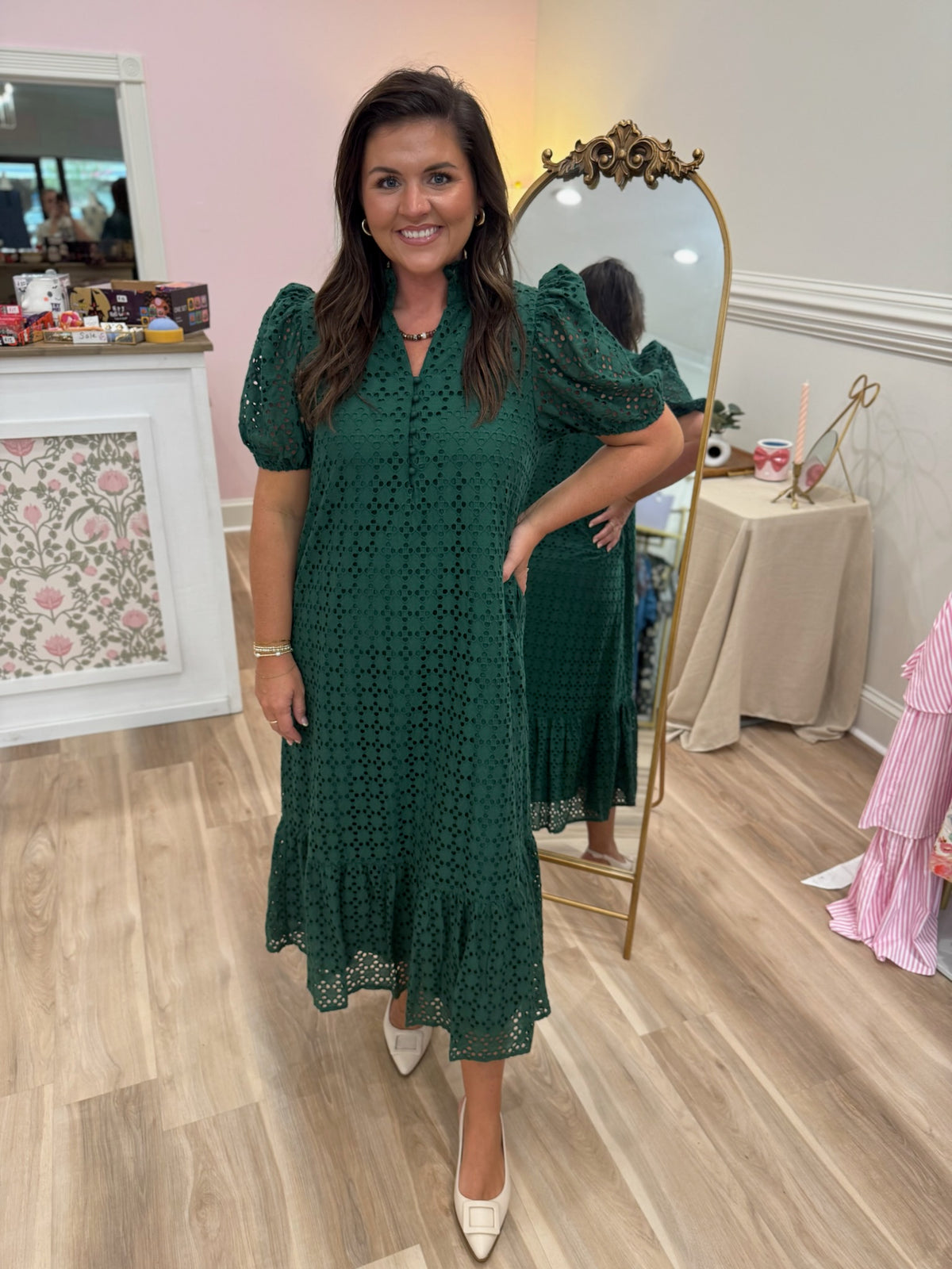 HUNTER GREEN EYELET MIDI