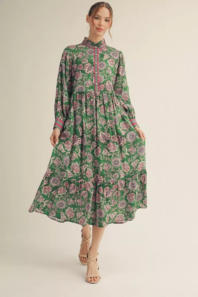 HOT PINK AND GREEN FLORAL MIDI DRESS