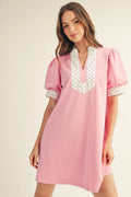 PINK DRESS WITH POLKA DOT TRIM