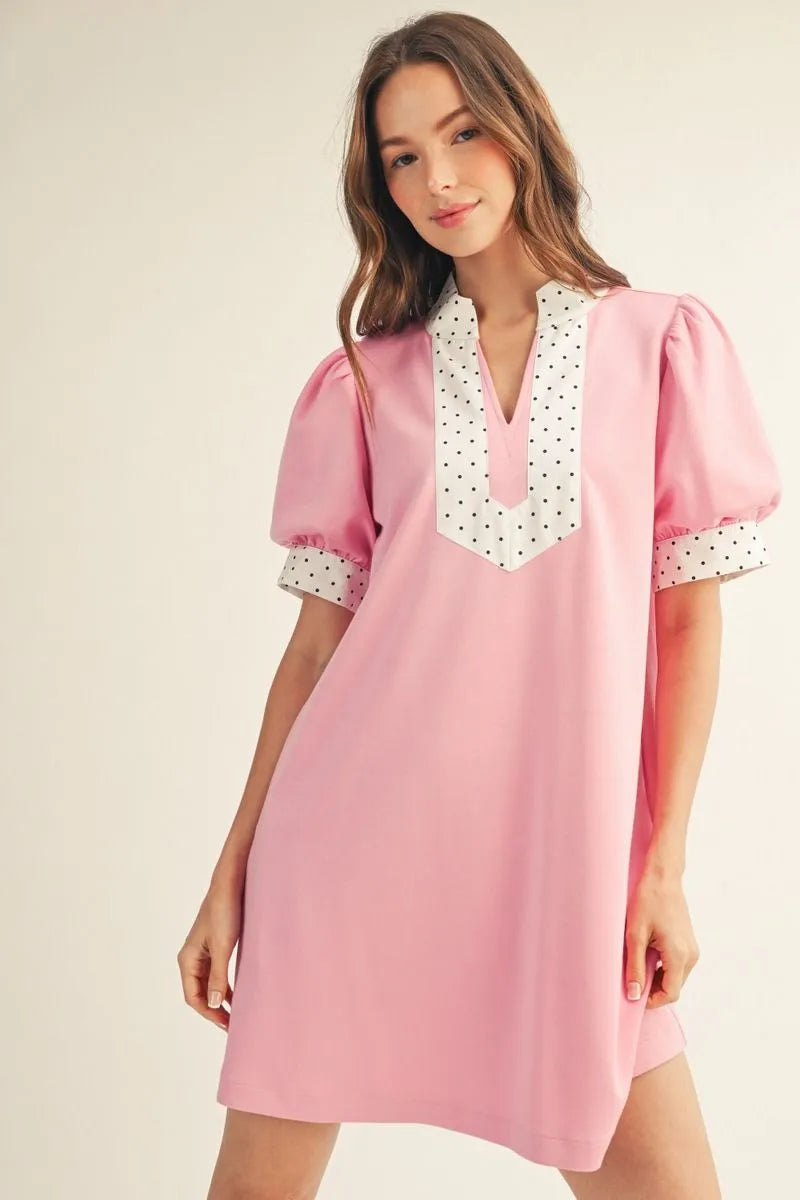 PINK DRESS WITH POLKA DOT TRIM