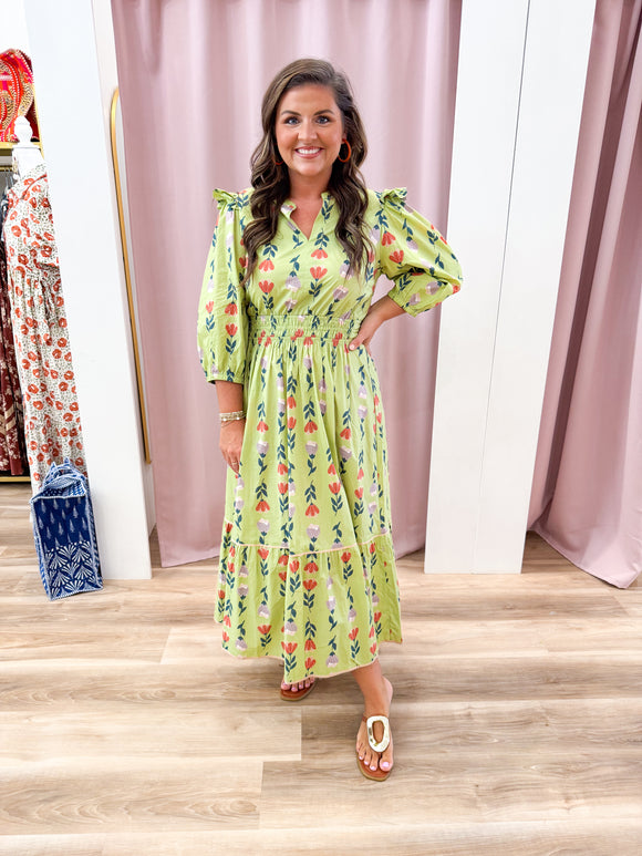 GREEN SMOCKED MIDI