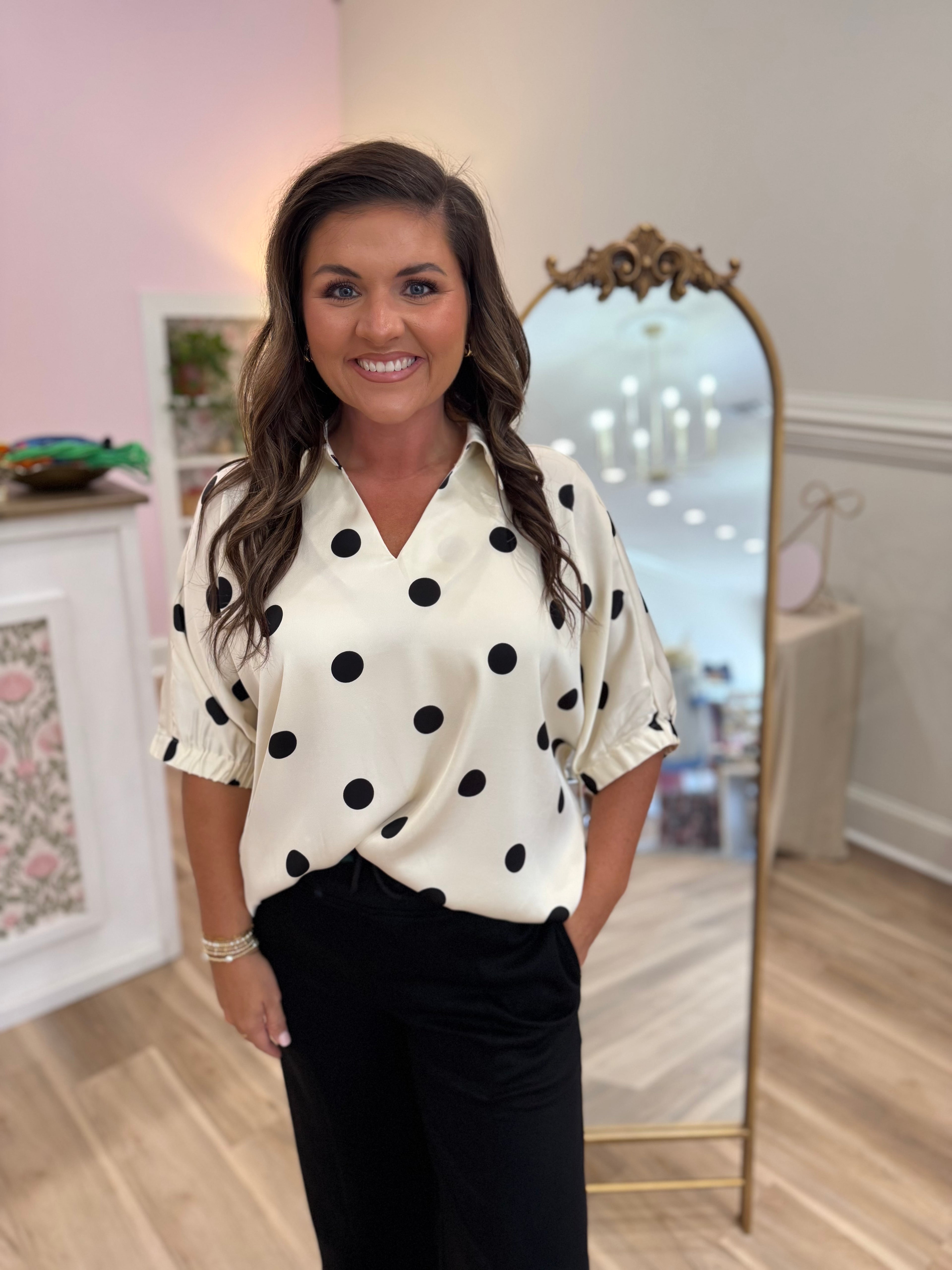 CREAM AND BLACK POLKA DOT TOP
