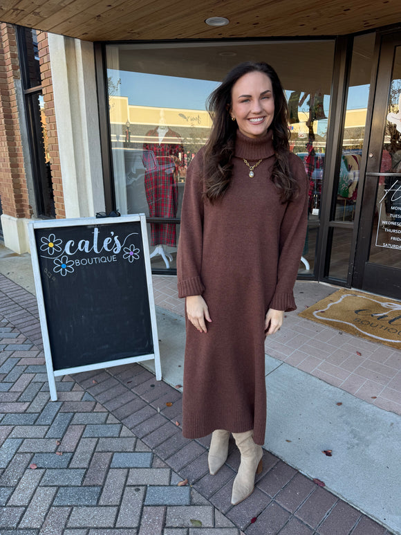 BROWN TURTLE NECK SWEATER DRESS
