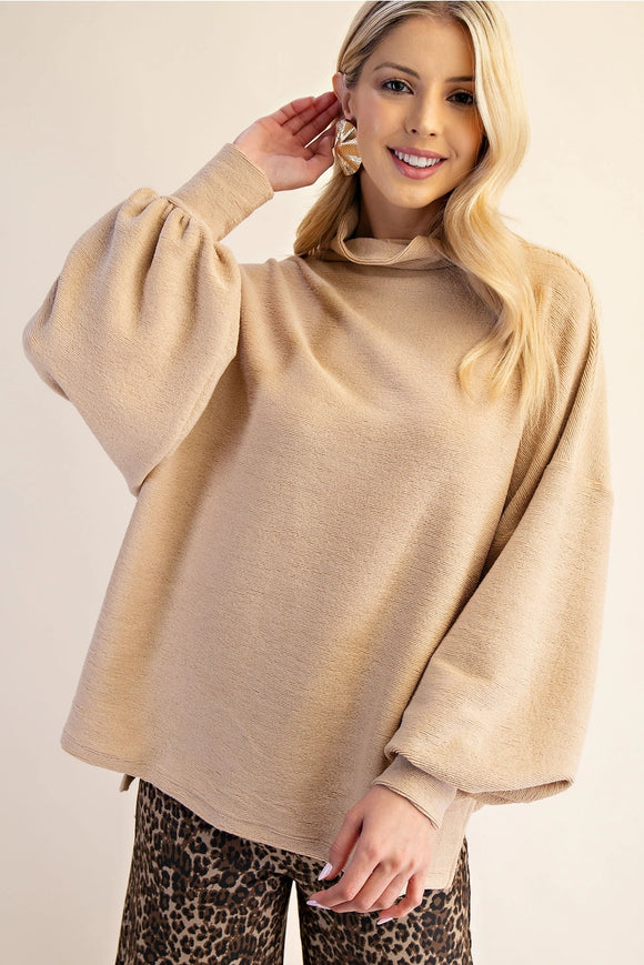 BEIGE TEXTURED MOCK NECK TOP