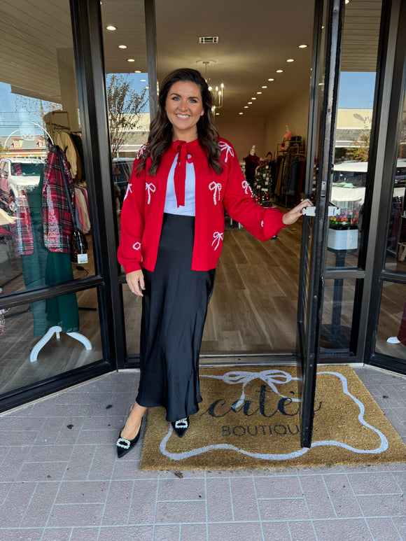RED PEARL BOW SWEATER