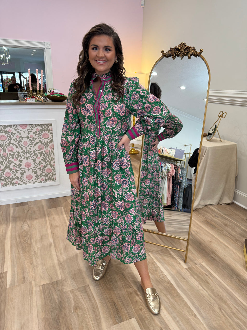 HOT PINK AND GREEN FLORAL MIDI DRESS