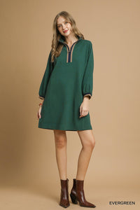 GREEN TEXTURE ZIP DRESS