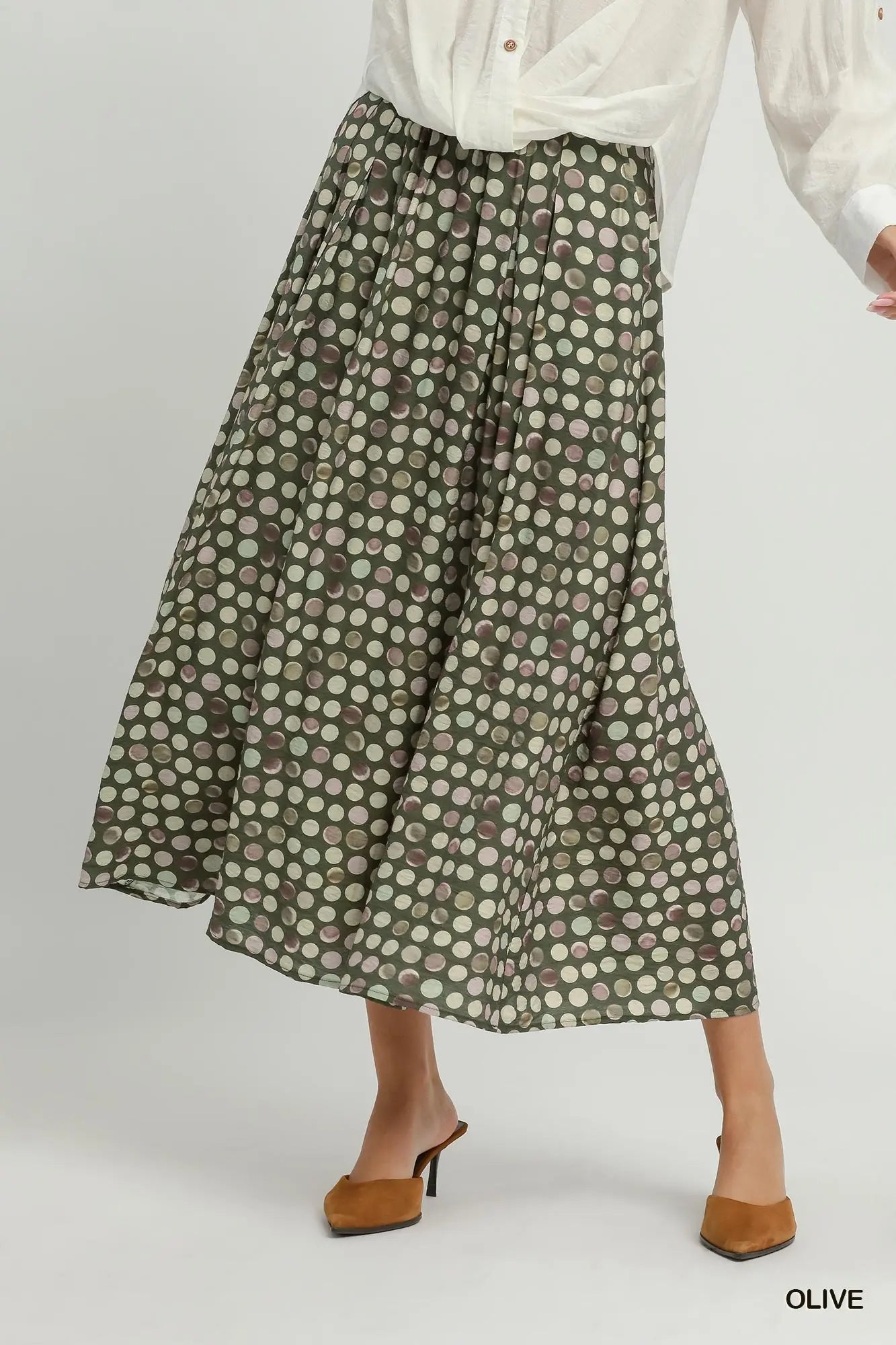 OLIVE POLKA DOT SKIRT