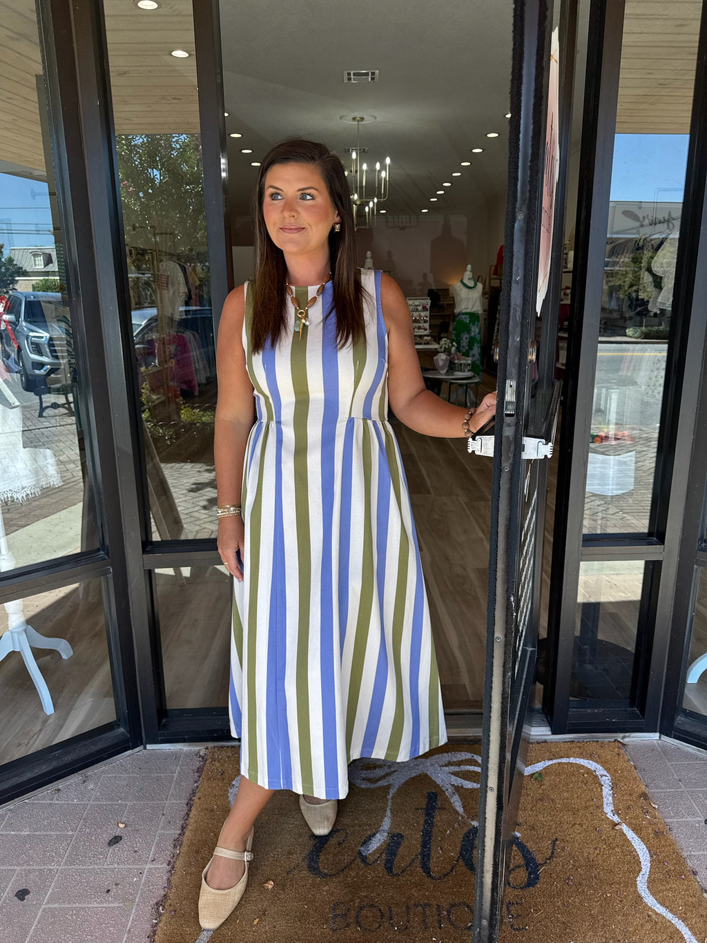 OLIVE AND BLUE STRIPE MIDI DRESS