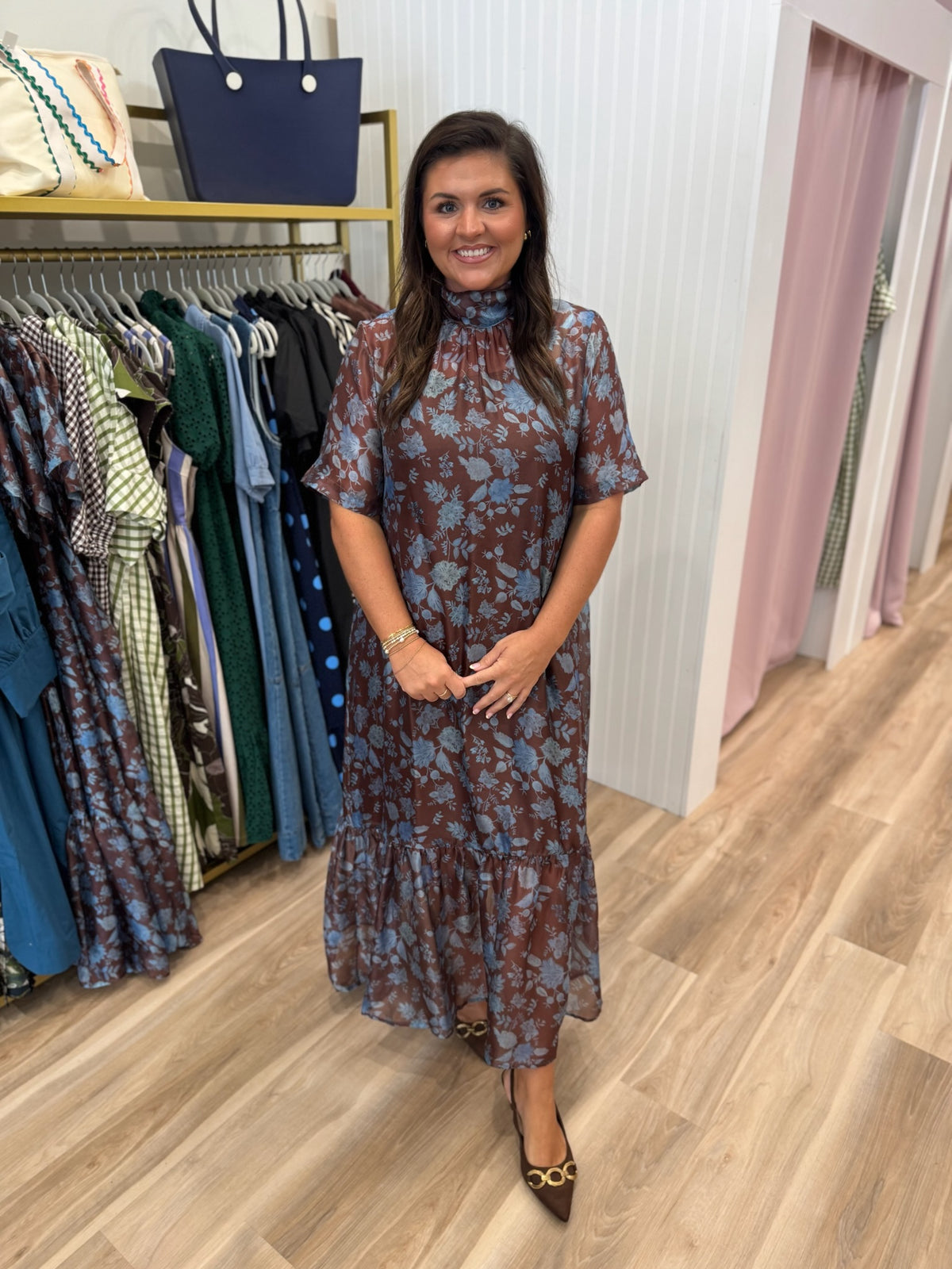 BLUE AND BROWN SHEER MIDI