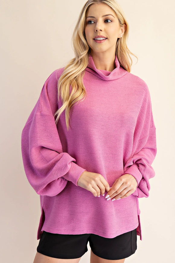 PINK TEXTURED MOCK NECK TOP