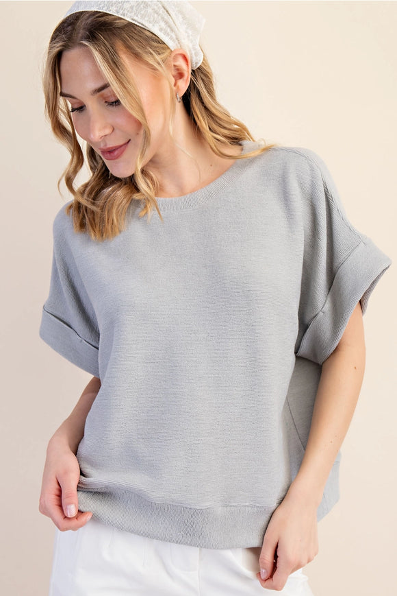 GREY TEXTURED SHORT SLEEVE TOP