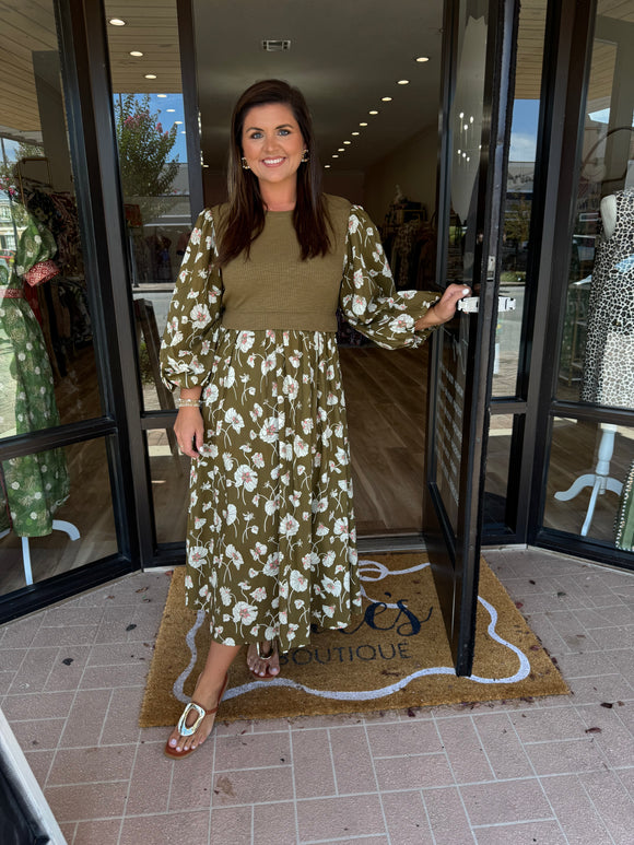 OLIVE FLORAL MIDI