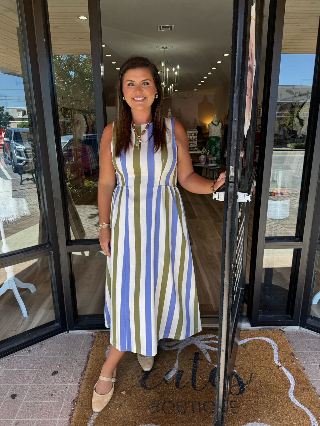 OLIVE AND BLUE STRIPE MIDI DRESS