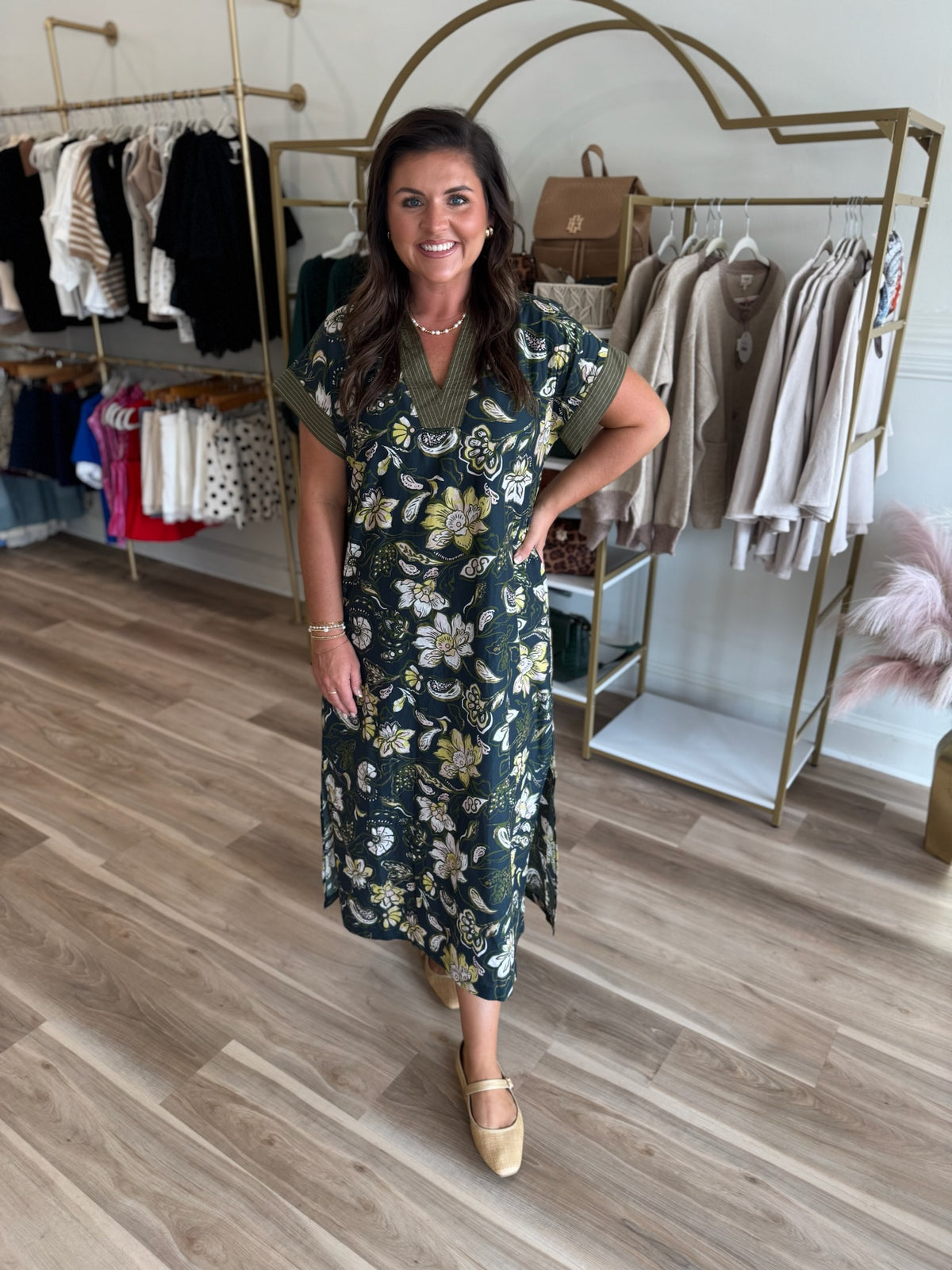OLIVE AND TEAL FLORAL MIDI
