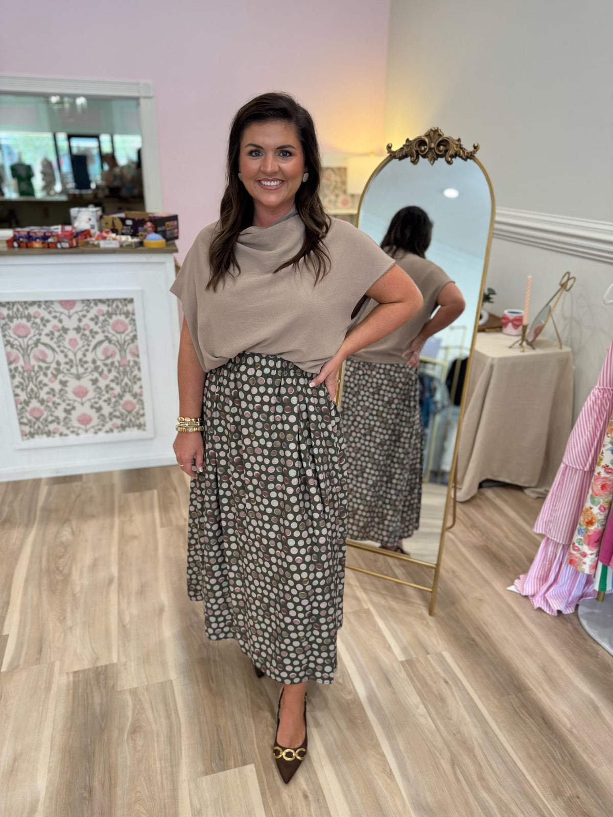 OLIVE POLKA DOT SKIRT