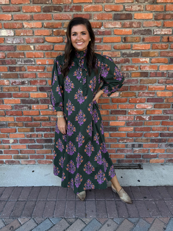 OLIVE DRESS WITH FLORAL DETAIL