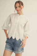 WHITE BUTTON UP WITH EYELET TRIM