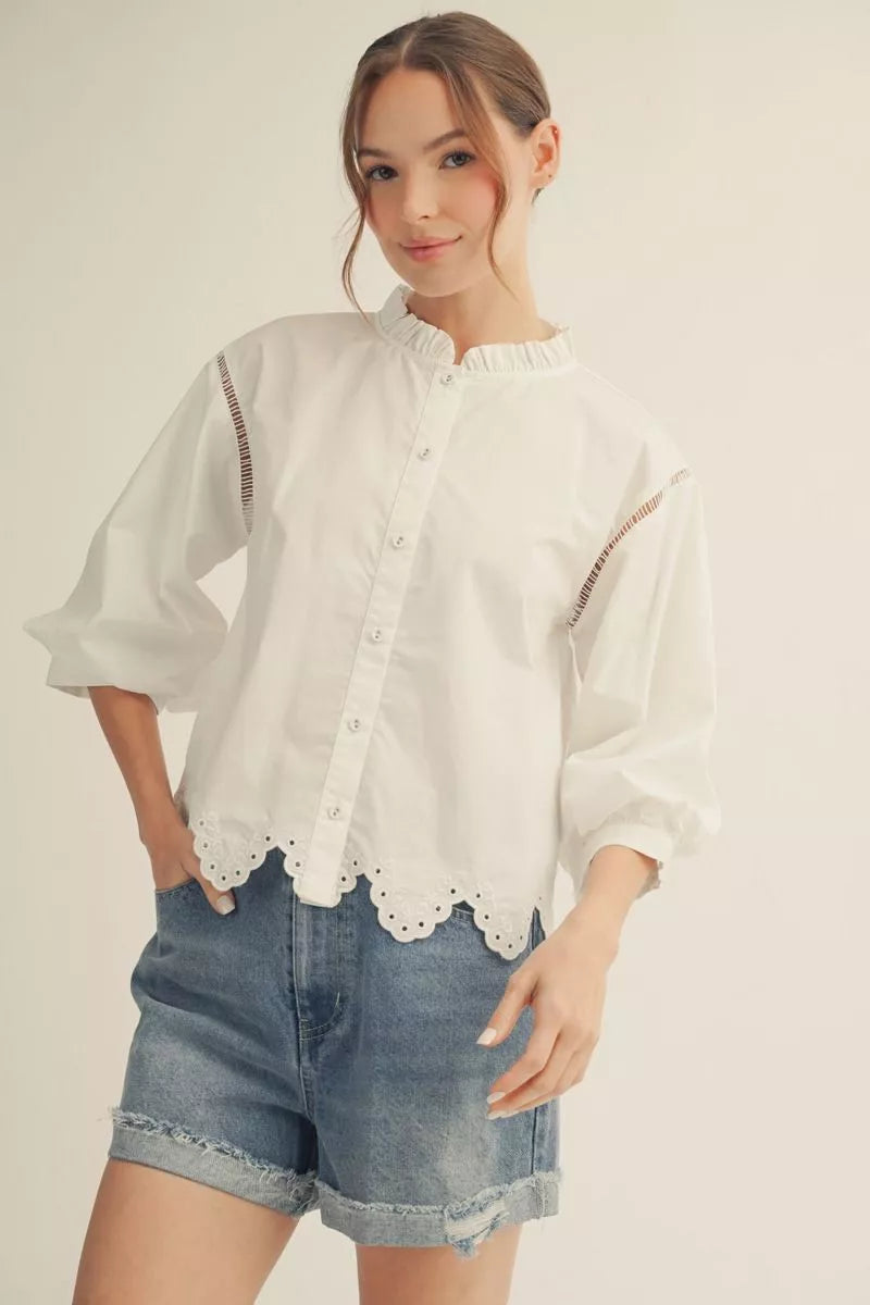 WHITE BUTTON UP WITH EYELET TRIM