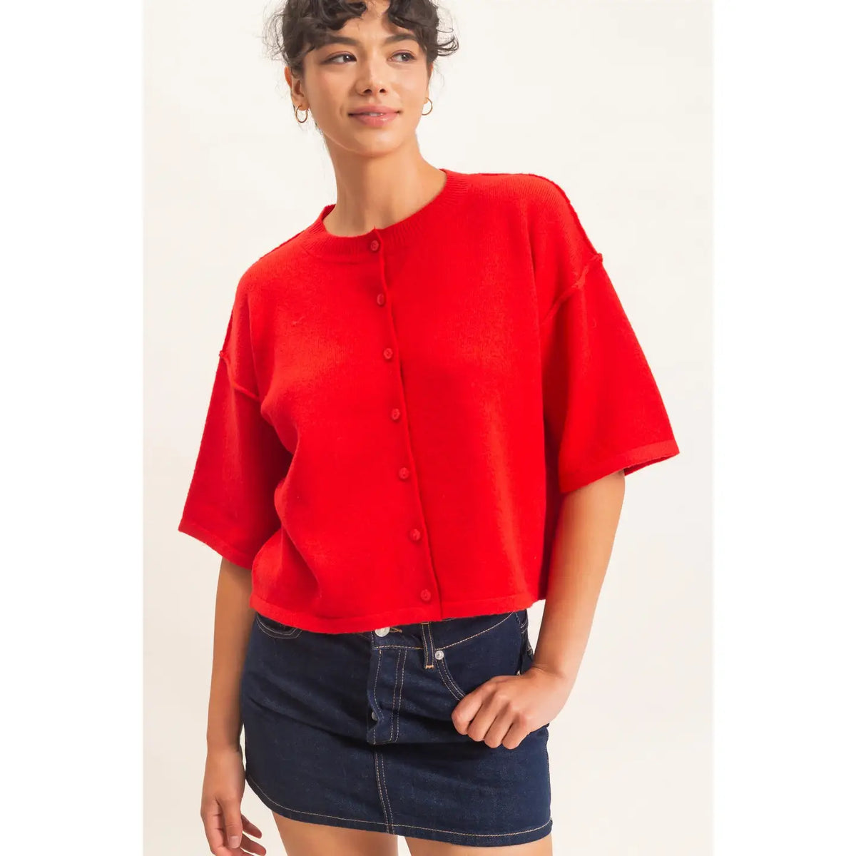 RED EVERYDAY BUTTON KNIT TOP