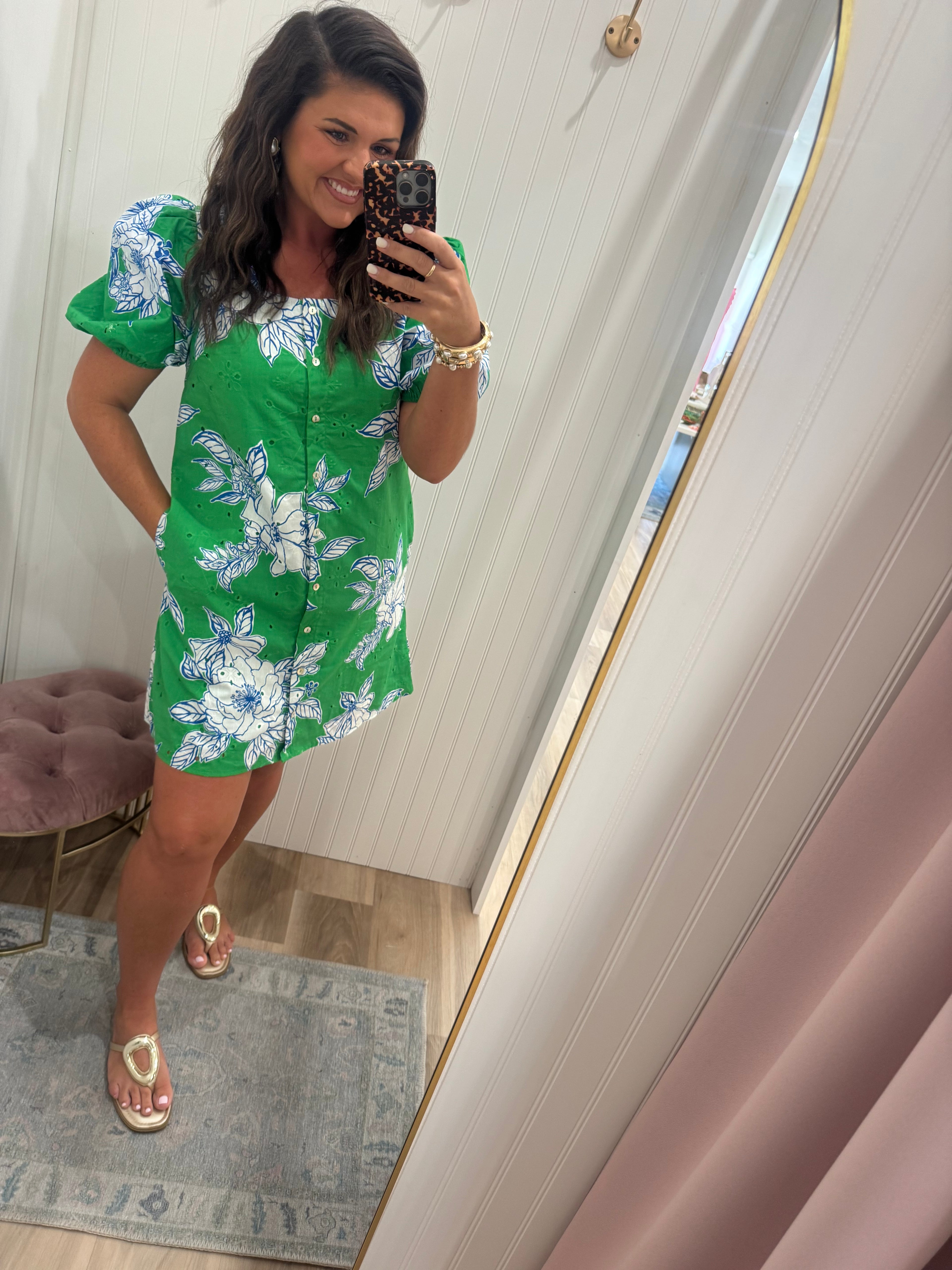 BLUE AND GREEN FLORAL EYELET DRESS