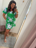 BLUE AND GREEN FLORAL EYELET DRESS