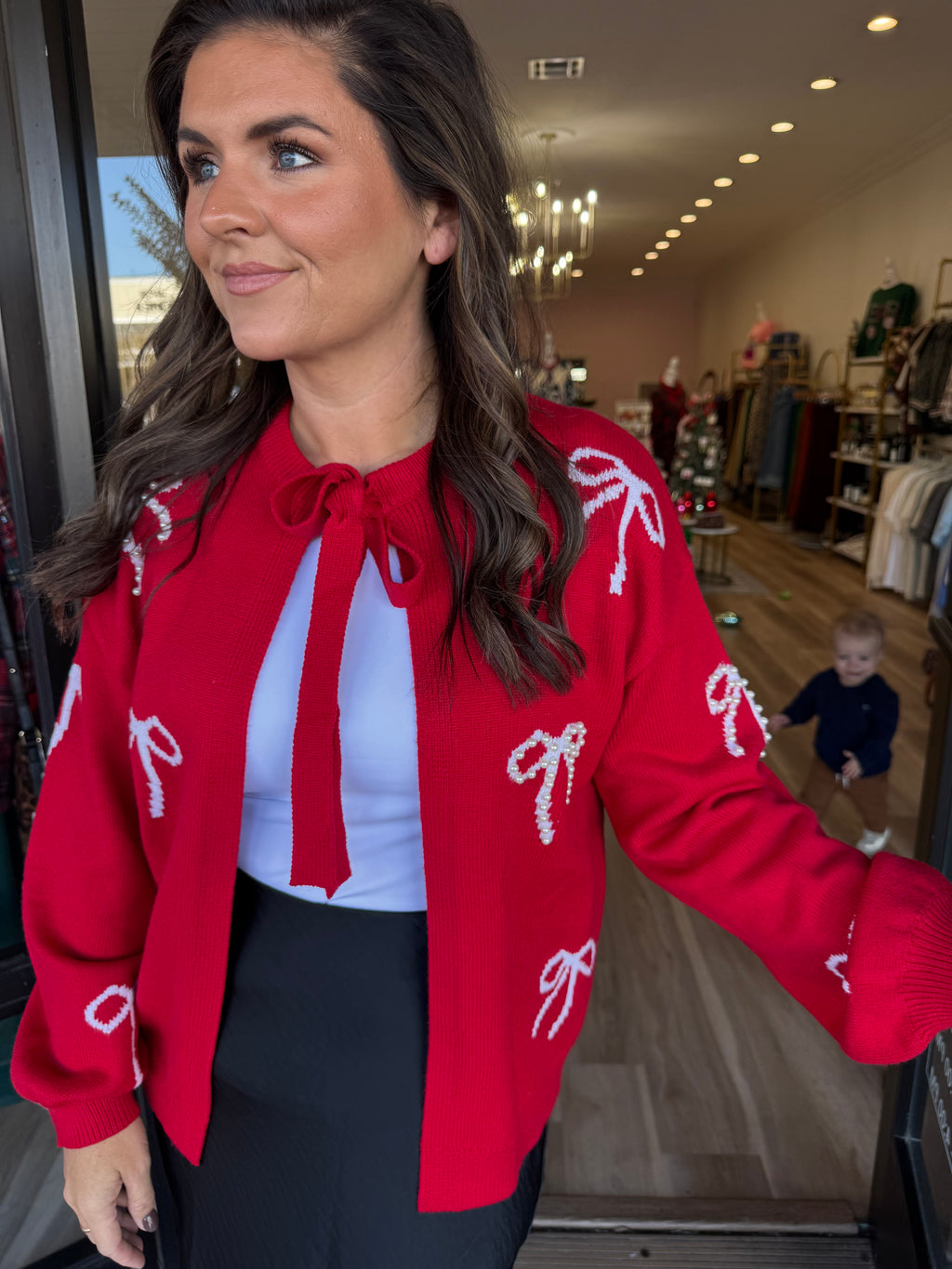 RED PEARL BOW SWEATER