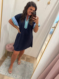 NAVY DRESS WITH GREEN TRIM