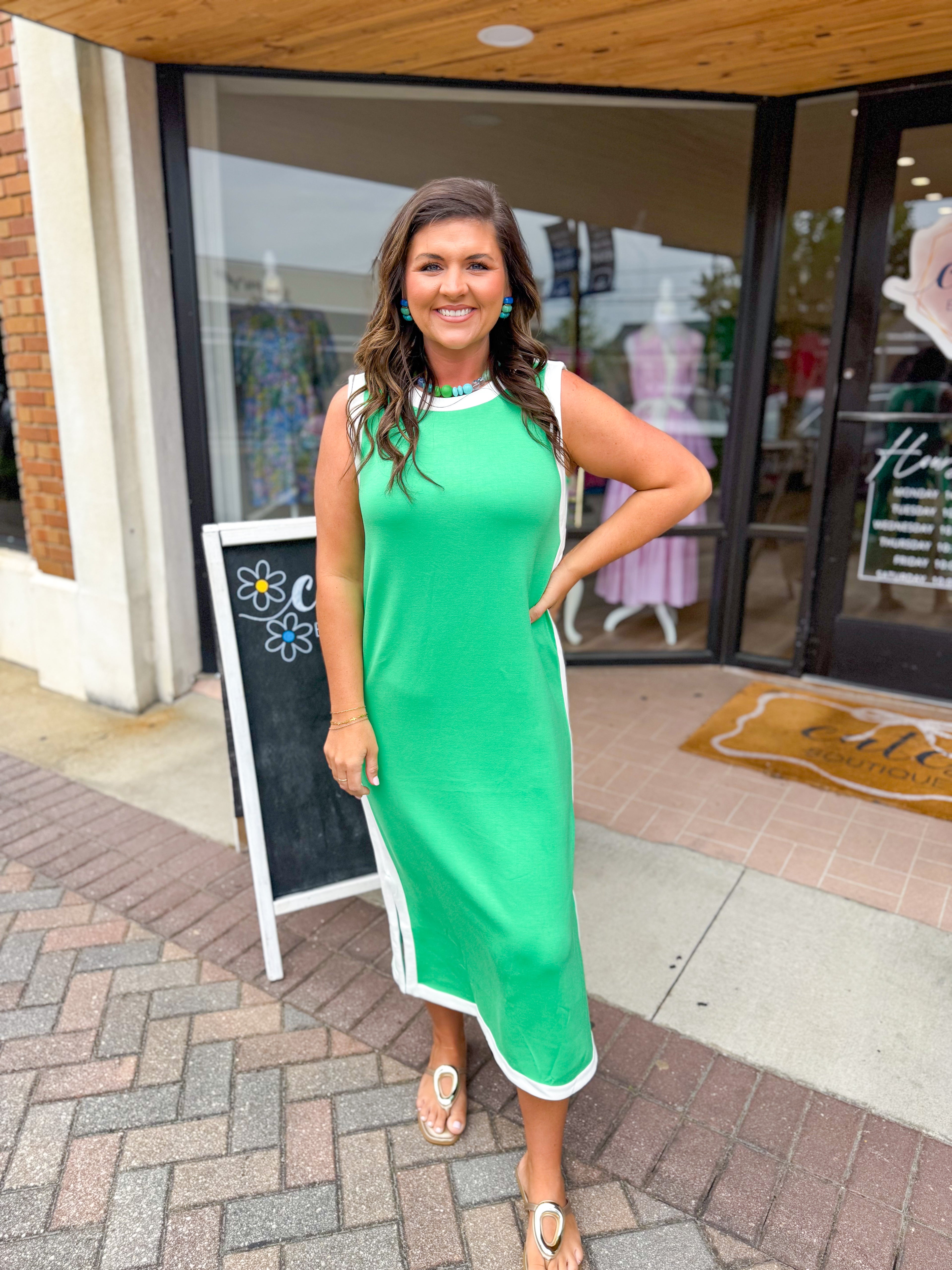 GREEN MIDI WITH WHITE TRIM