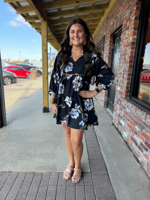 BLUE AND TAN MIX FLORAL DRESS