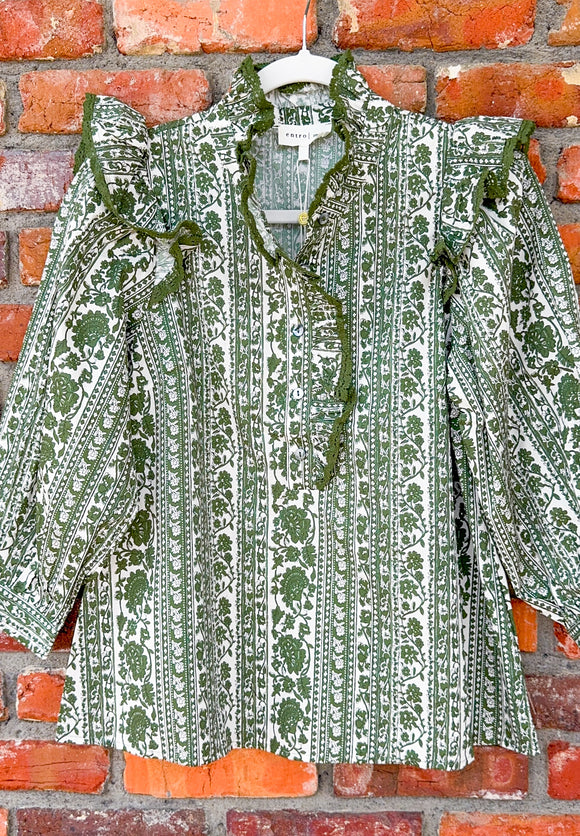 OLIVE MIX RUFFLE NECK TOP