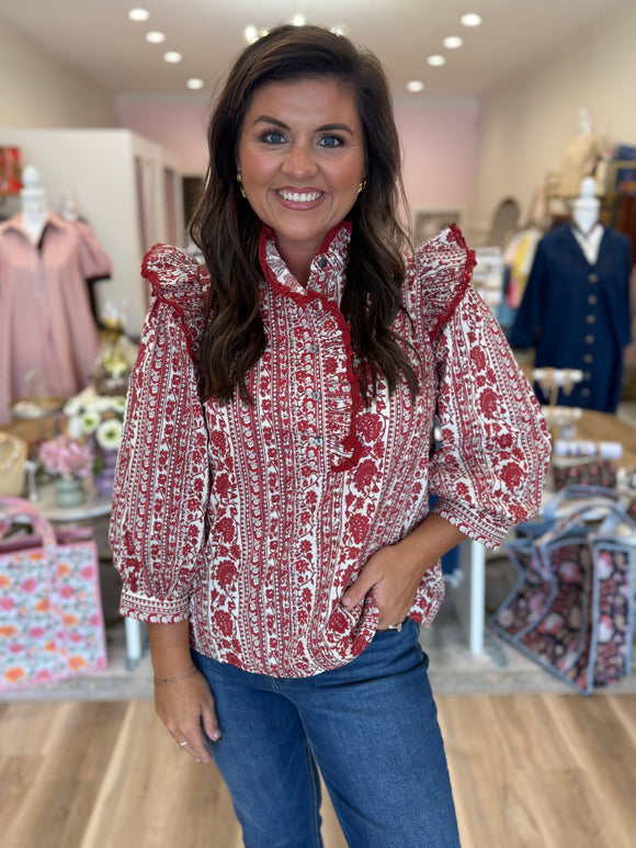 RUST MIX RUFFLE NECK TOP