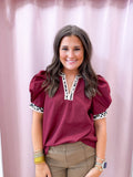 BURGUNDY PUFF SLEEP TOP WITH LEOPARD TRIM
