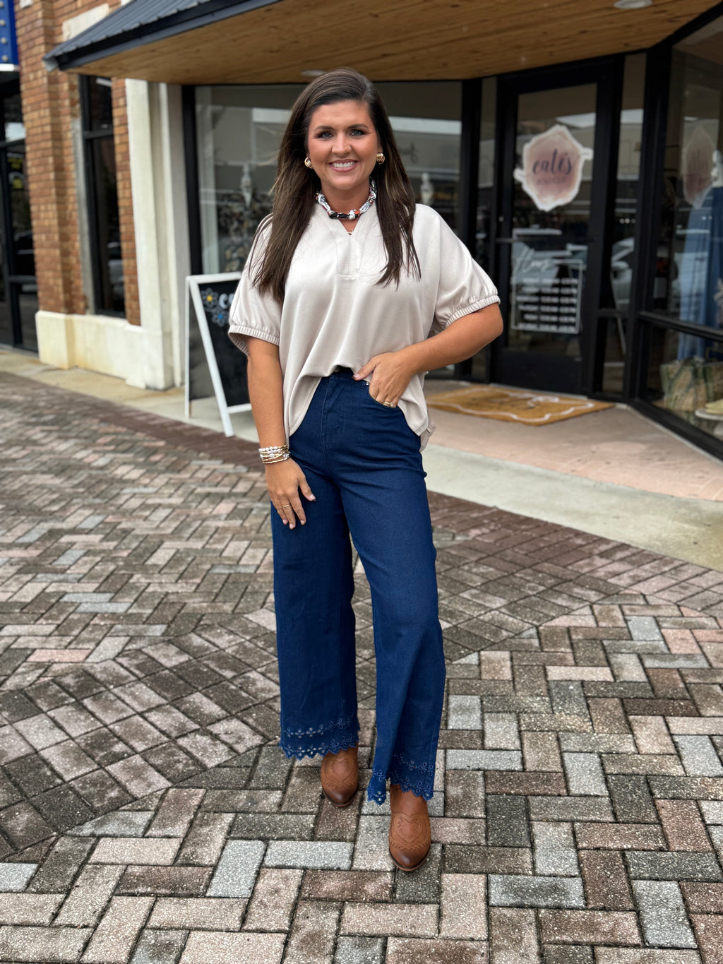 DARK DENIM EYELET ANKLE PANTS