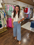 DENIM ANKLE PANTS WITH GOLD BUTTON