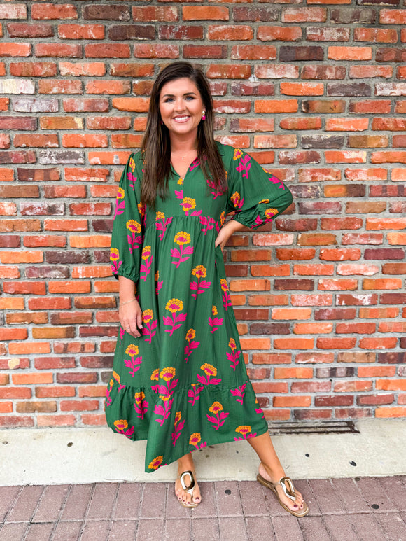 OLIVE FLORAL MIDI DRESS