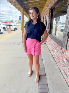 NAVY RUFFLE NECK TOP