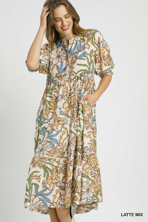 BLUE AND BROWN FLORAL MIX DRESS