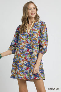 BLUE AND MUSTARD FLORAL DRESS