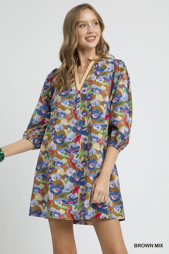 BLUE AND MUSTARD FLORAL DRESS
