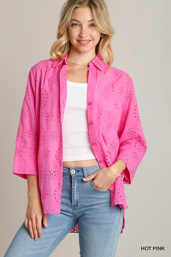 PINK EYELET BUTTON UP TOP