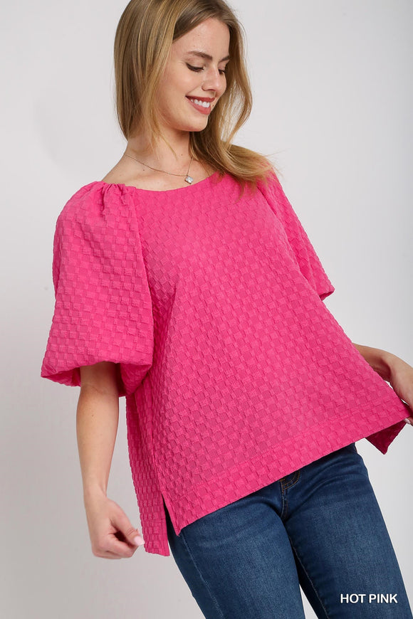 HOT PINK TEXTURED PUFF SLEEVE TOP
