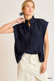 NAVY RUFFLE NECK TOP