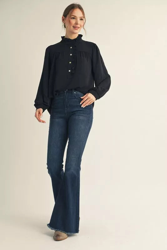 BLACK RUFFLE NECK TOP