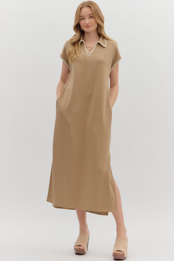 TAN MIDI WITH CROCHET TRIM