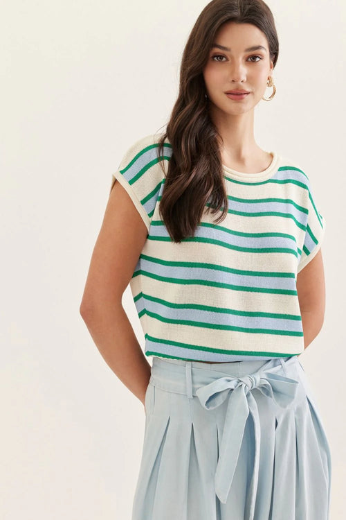 BLUE AND GREEN STRIPE KNIT SWEATER