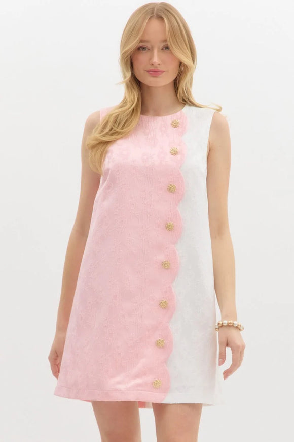 PINK AND WHITE SCALLOPED DRESS