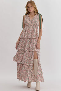 PINK AND GREEN FLORAL DRESS WITH TIE